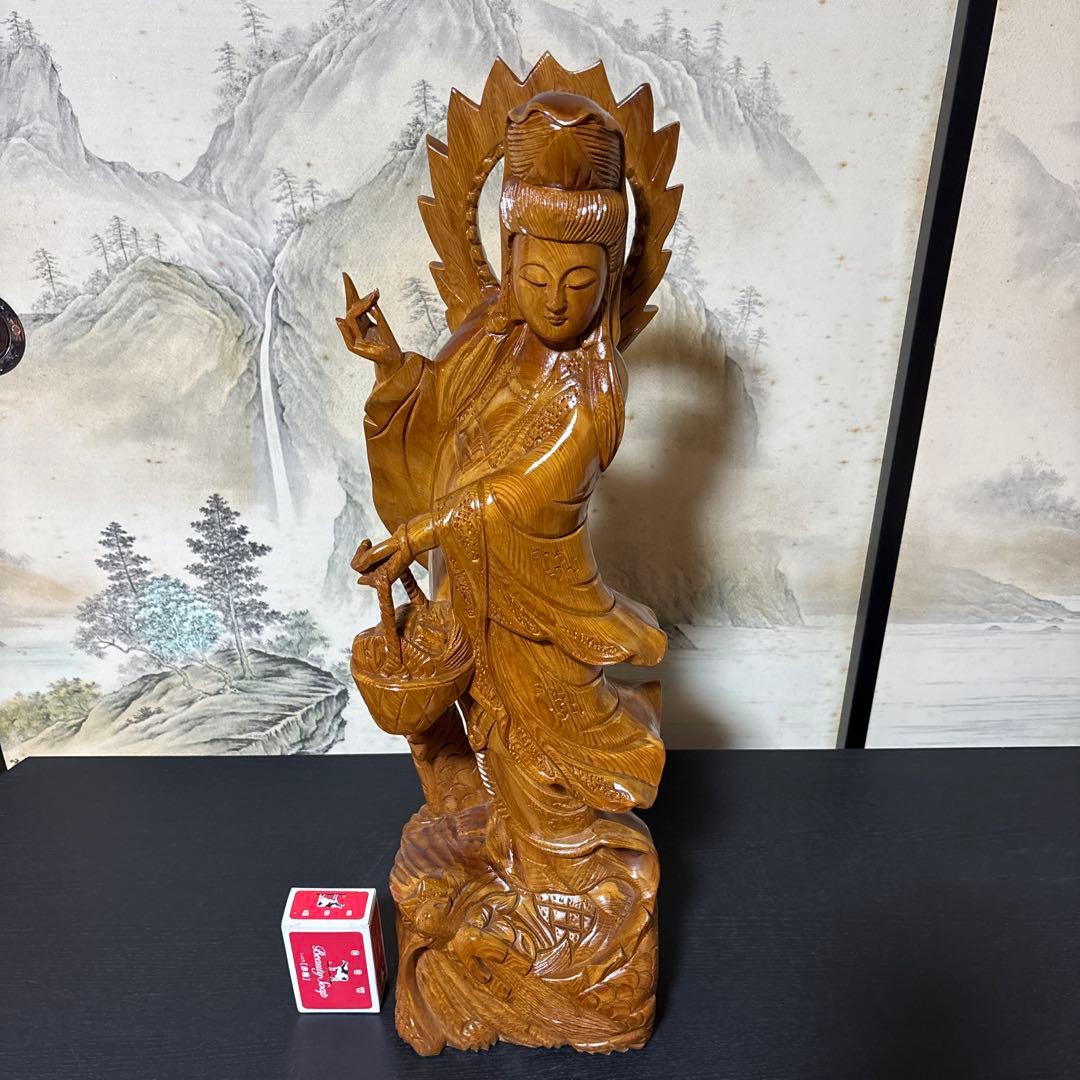 大型 龍乗り　観音菩薩 木彫　仏像 彫刻　開運　風水　置物　縁起物　インテリア