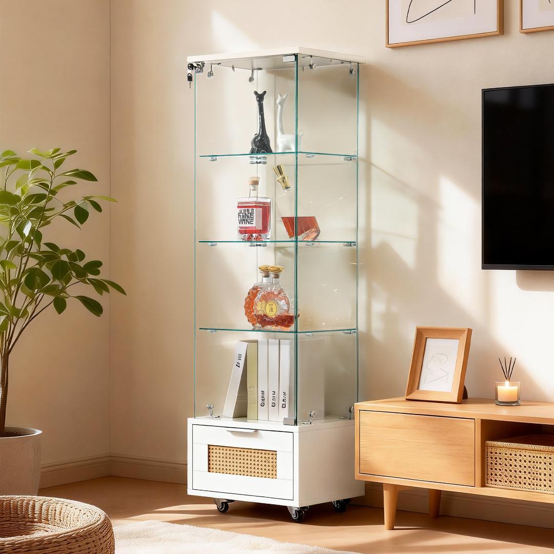 【新品】引き出し付き4段ガラスケース 幅42.5×高さ148cm ブラック