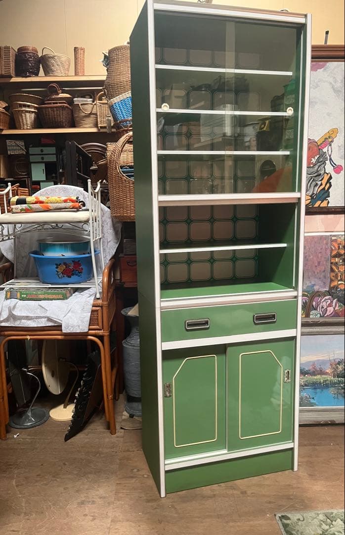 食器棚 緑 飾り棚 水屋 レトロポップ 昭和レトロインテリア 当時物