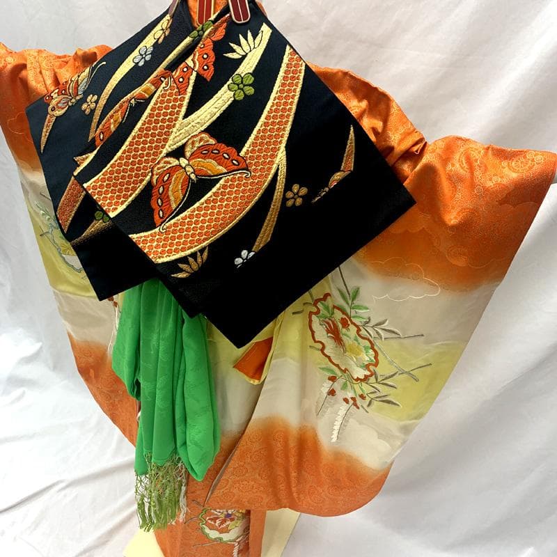 511ag81□七五三 七歳 女児 着物&袋帯&長襦袢 総刺繍 雪輪□美品