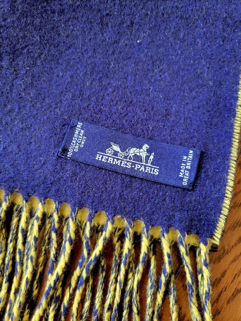 HERMES カシミア100マフラー イエロー ネイビーエルメス