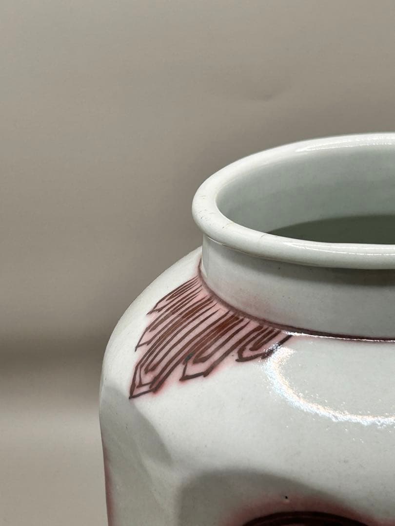 白磁辰砂鳥文面取壺　壺　アンティーク　李朝