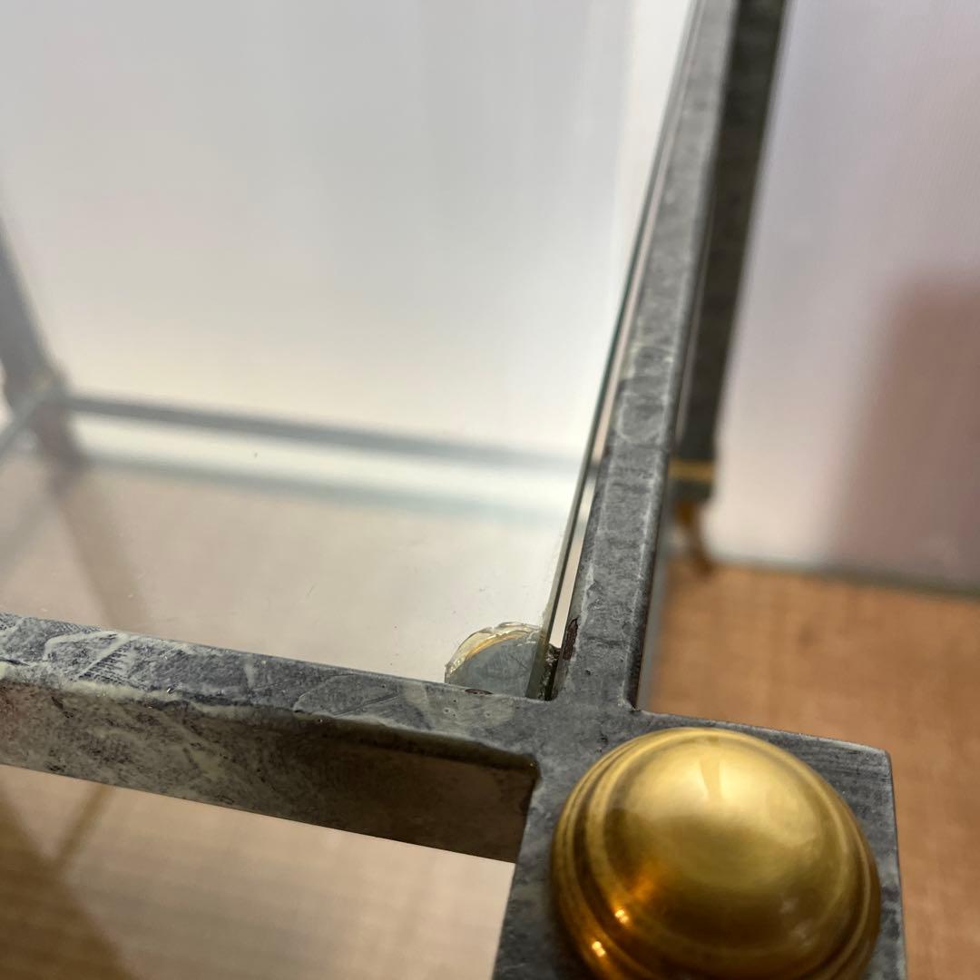 ガラス2段テーブル 大理石調フレーム 真鍮脚 正方形