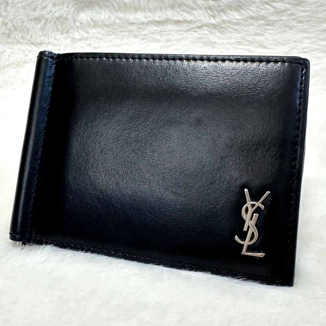 美品★サンローラン マネークリップ 二つ折り財布 カサンドラ シルバー レザー