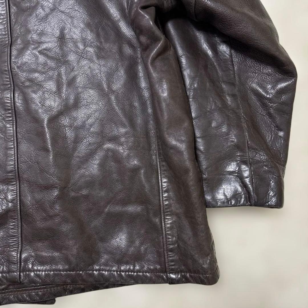 良サイズ！ショット★ブラウン　42 XL◎レザーピーコート★