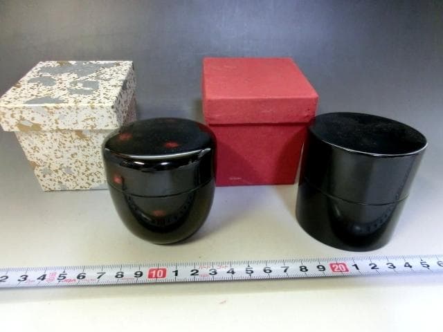 棗■茶入れ 塗り棗 黒塗り 2個セット 二二高棗 二度塗 木乾 四季の花 中次■