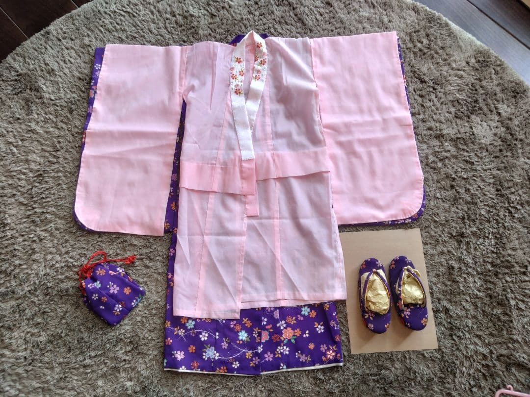 （着画あり）3歳七五三用5点セット 紫色 花柄 着物