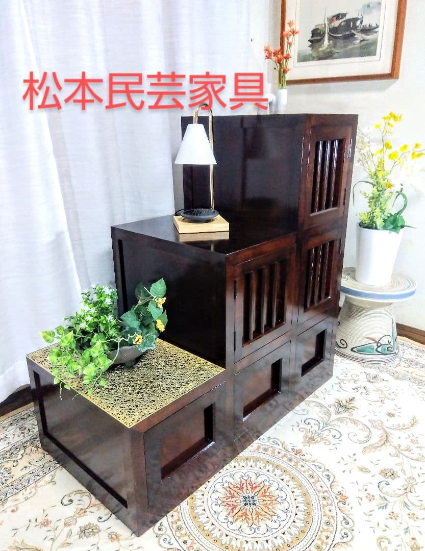 【松本民芸家具】階段箪笥　ミズメザクラ無垢材　職人彫り込みサイン　時代箪笥