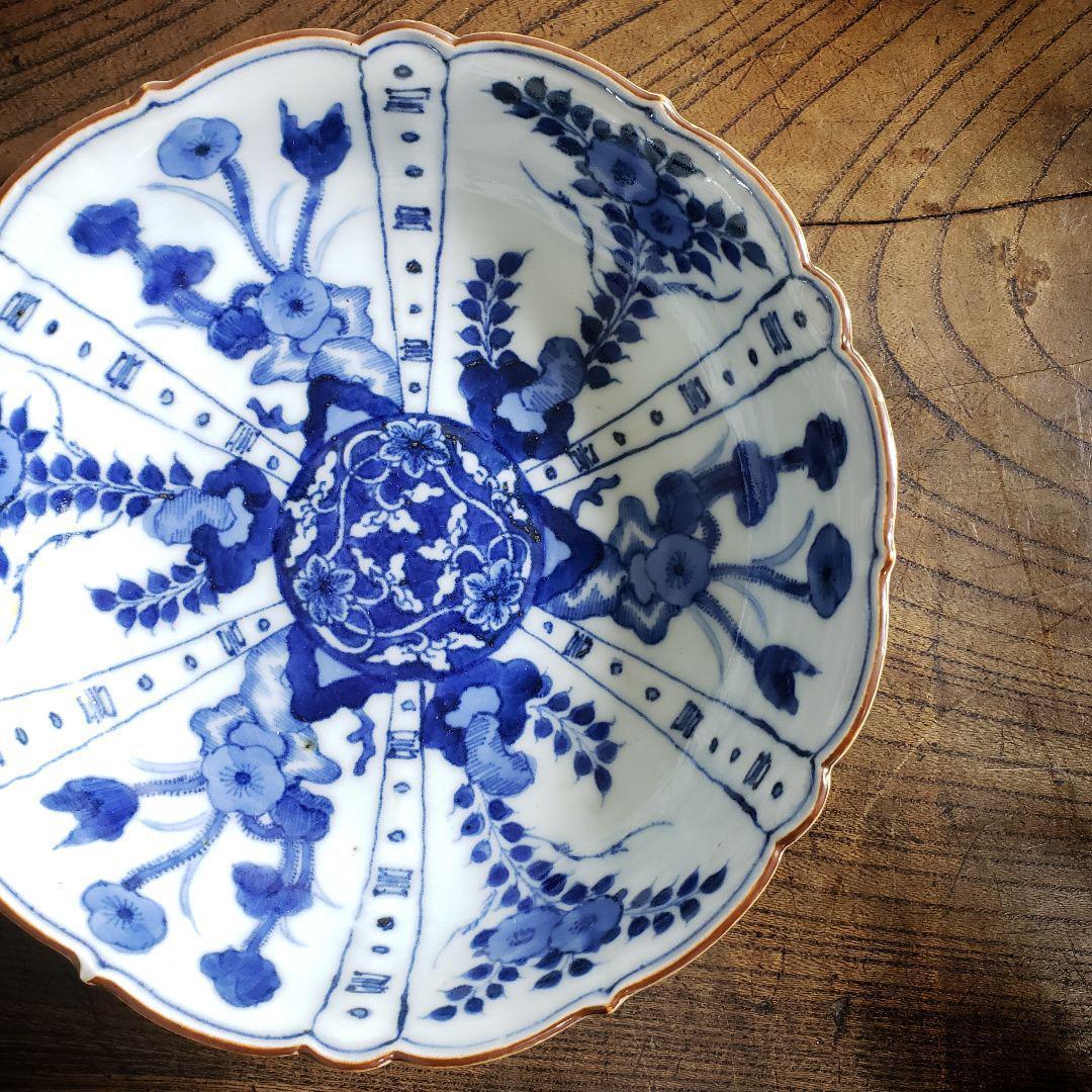 古伊万里 染付 なます皿 芙蓉手 花図 花唐草 イ号 訳あり 縁欠け 明治