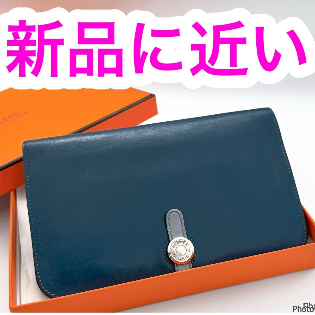 くま　エルメス✨ドゴン　GM デュオ✨ブルー　バイカラー✨二つ折り長財布