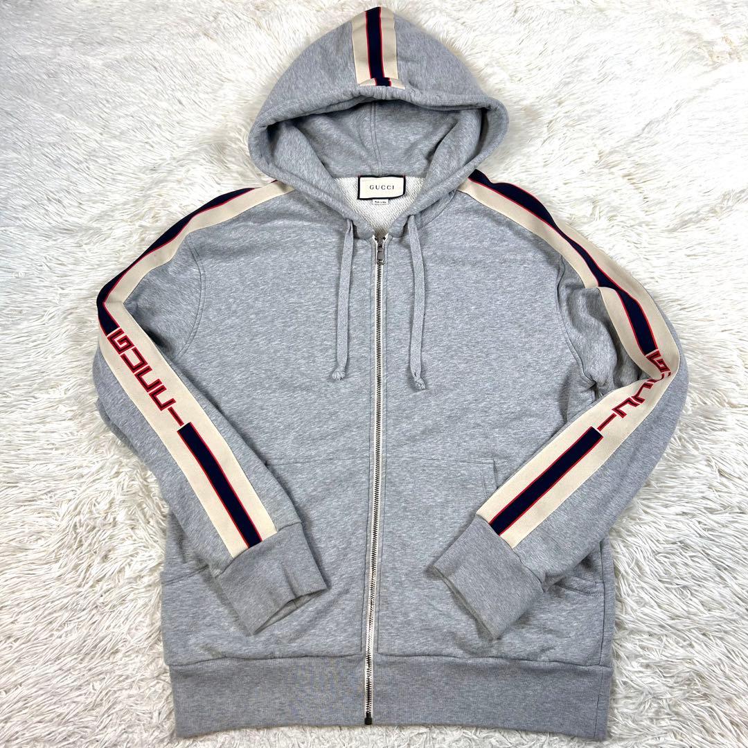 【希少XL/極美品】グッチ サイドロゴテープ ジップパーカー グレー イタリア製