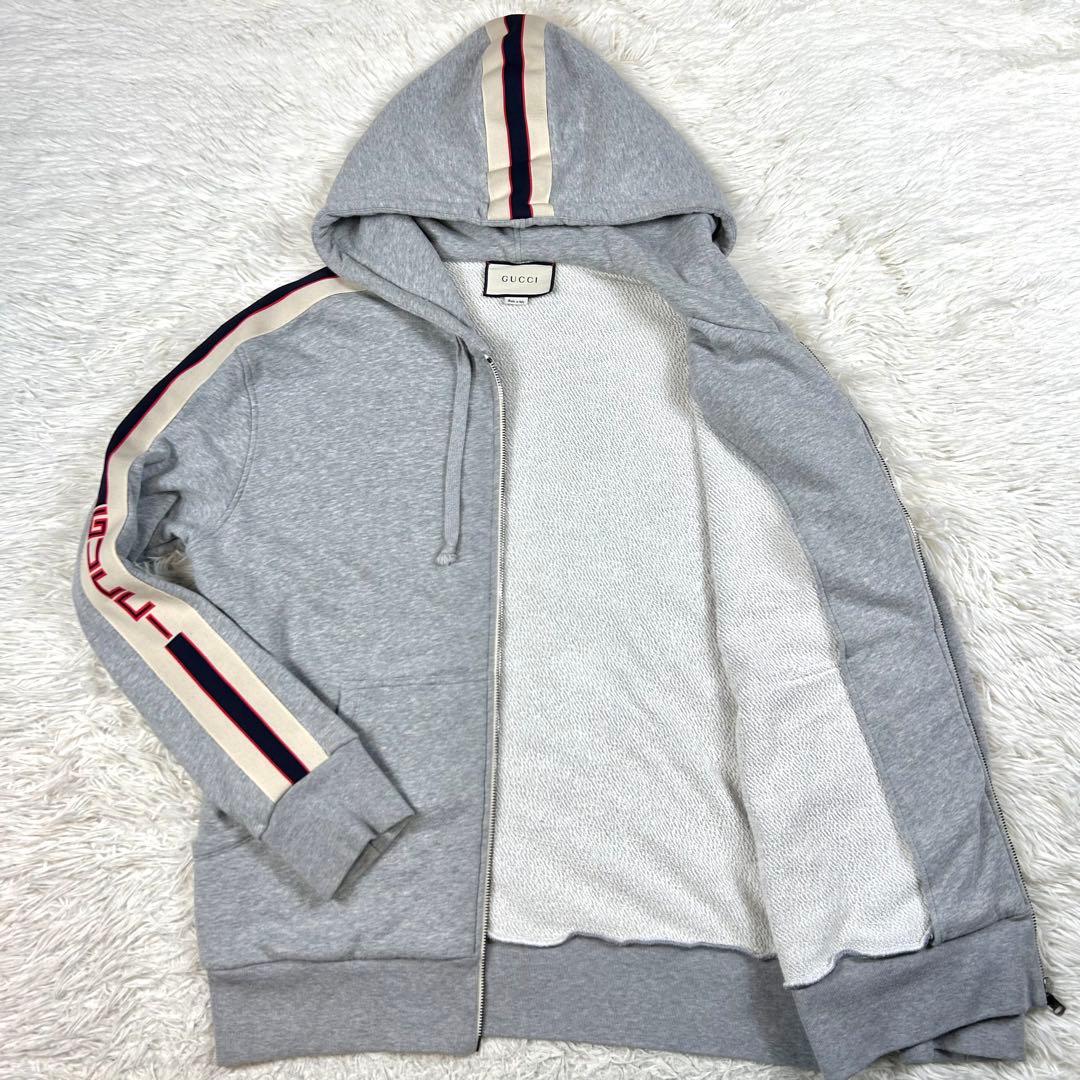 【希少XL/極美品】グッチ サイドロゴテープ ジップパーカー グレー イタリア製