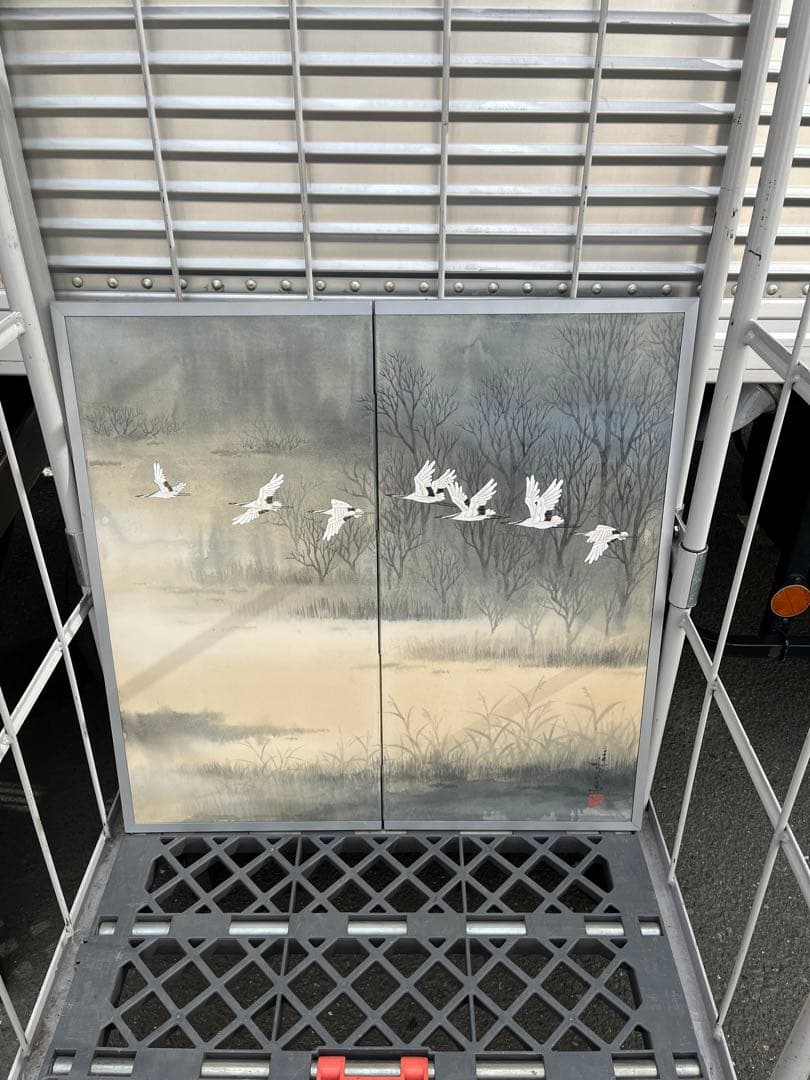水墨画 白鶴 パーテーション　屏風　銘有　現状品