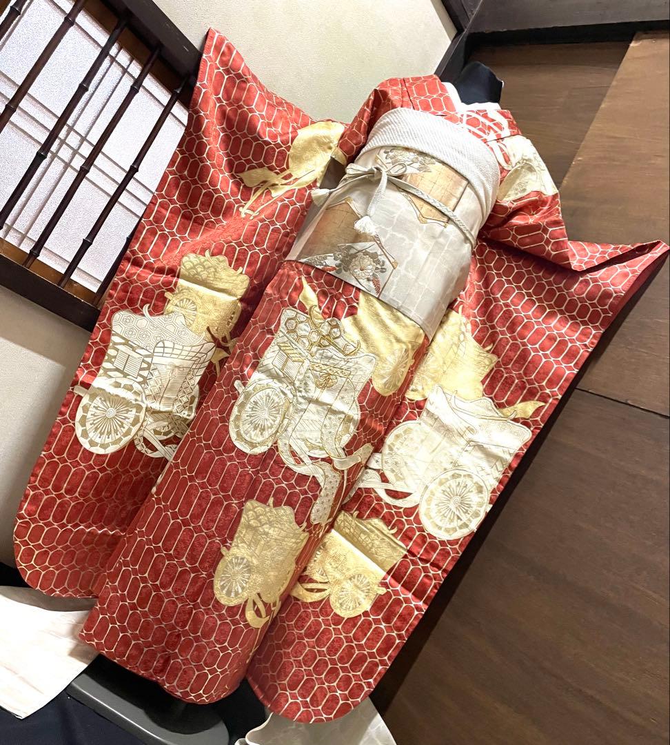 振袖 フルセット6点サイズM〜Ｌ駒刺繍　御所車文　金彩　正絹