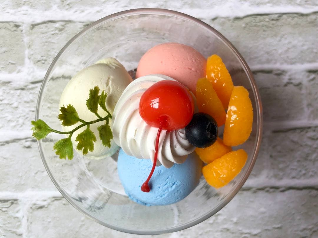 食品サンプル フルーツサンデー&ストロベリー&アイスクレープセット実物大です。