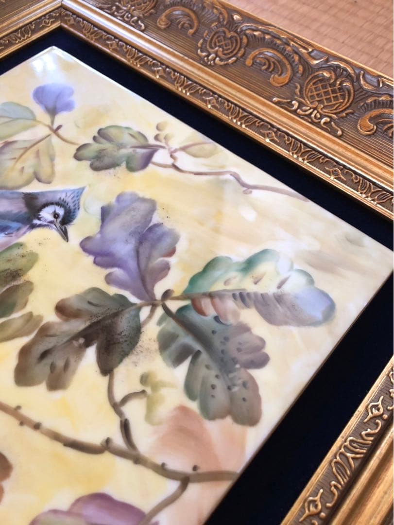 ノリタケ　陶版　額　アオカケス　ハンドペイント