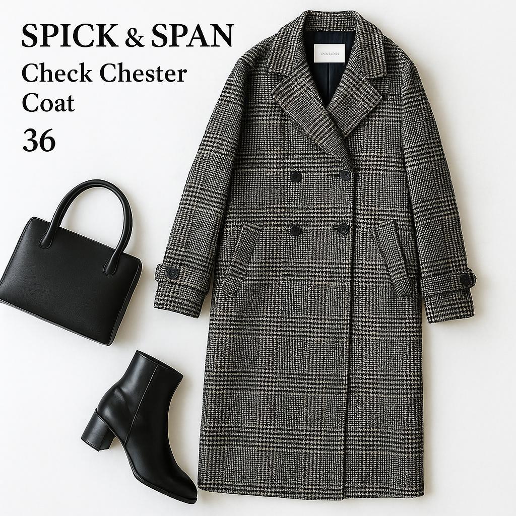 美品スピックアンドスパン⭐️チェック シルク混 ウールチェスターコート 36