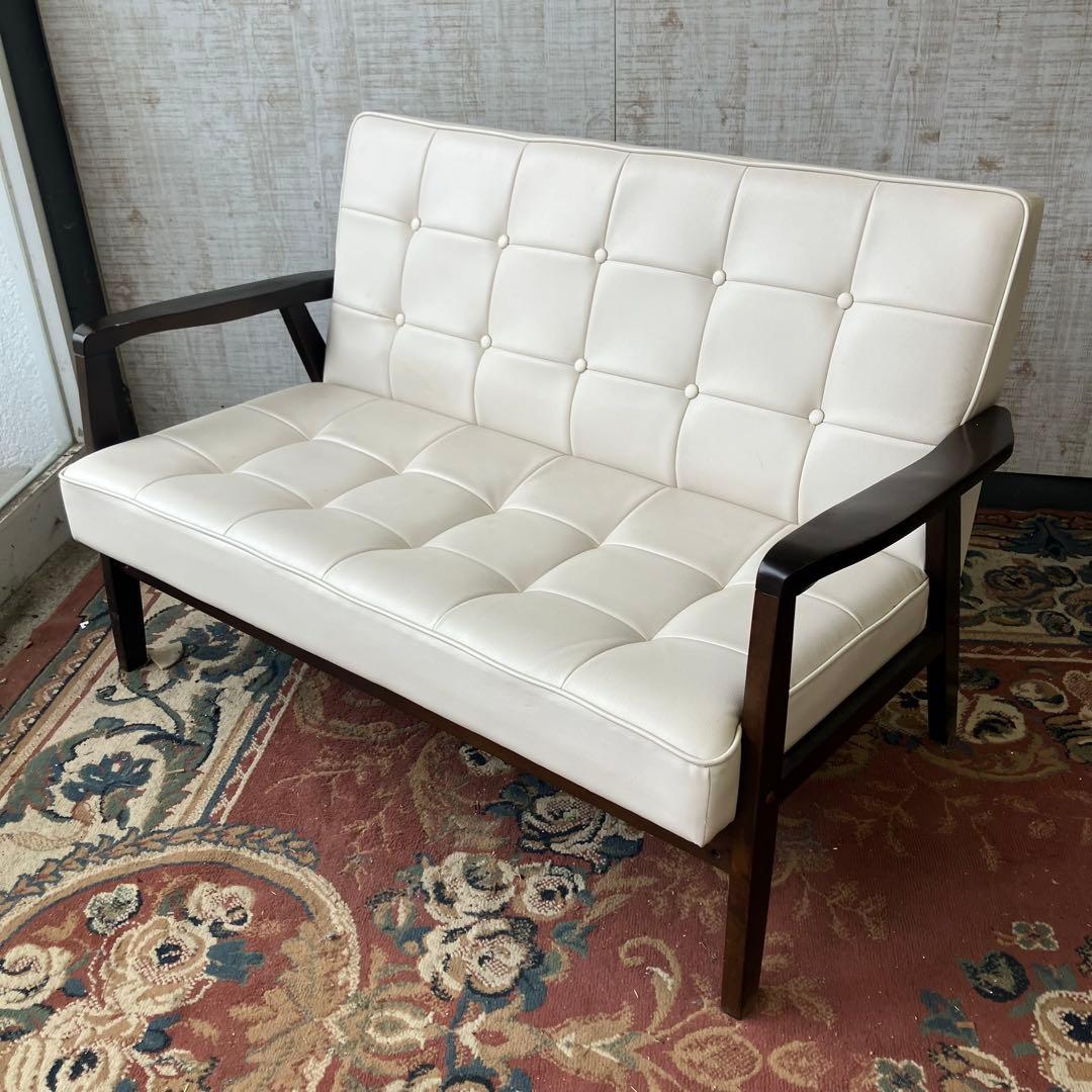 北欧レトロ 木製フレーム アームチェア 二人掛けソファー ロビーチェア ホワイト