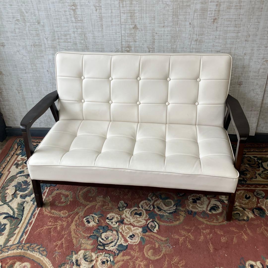 北欧レトロ 木製フレーム アームチェア 二人掛けソファー ロビーチェア ホワイト