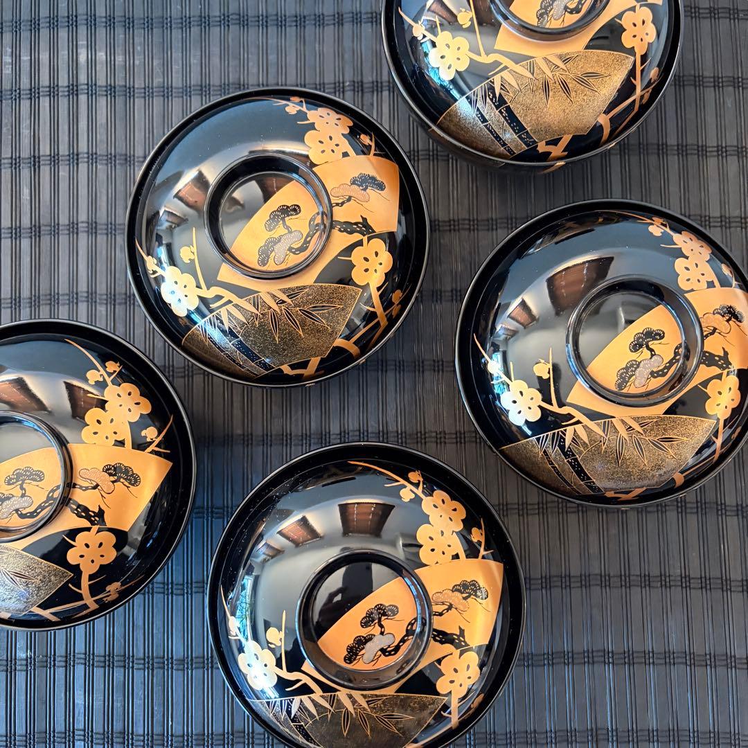 【未使用保管品】輪島塗 【天然木製 本漆塗】金彩蒔絵 松竹梅 吸物椀 5客