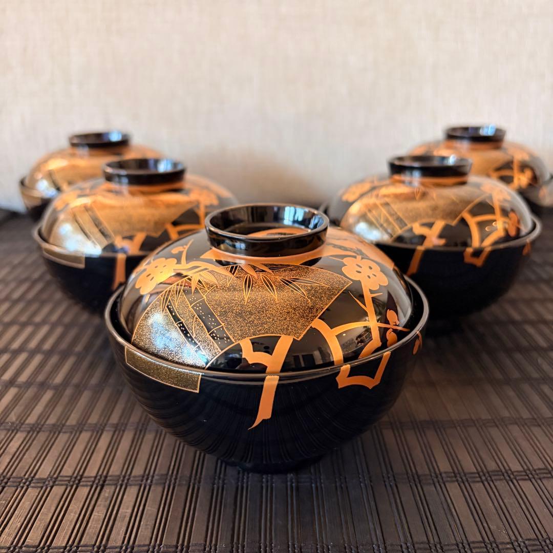 【未使用保管品】輪島塗 【天然木製 本漆塗】金彩蒔絵 松竹梅 吸物椀 5客