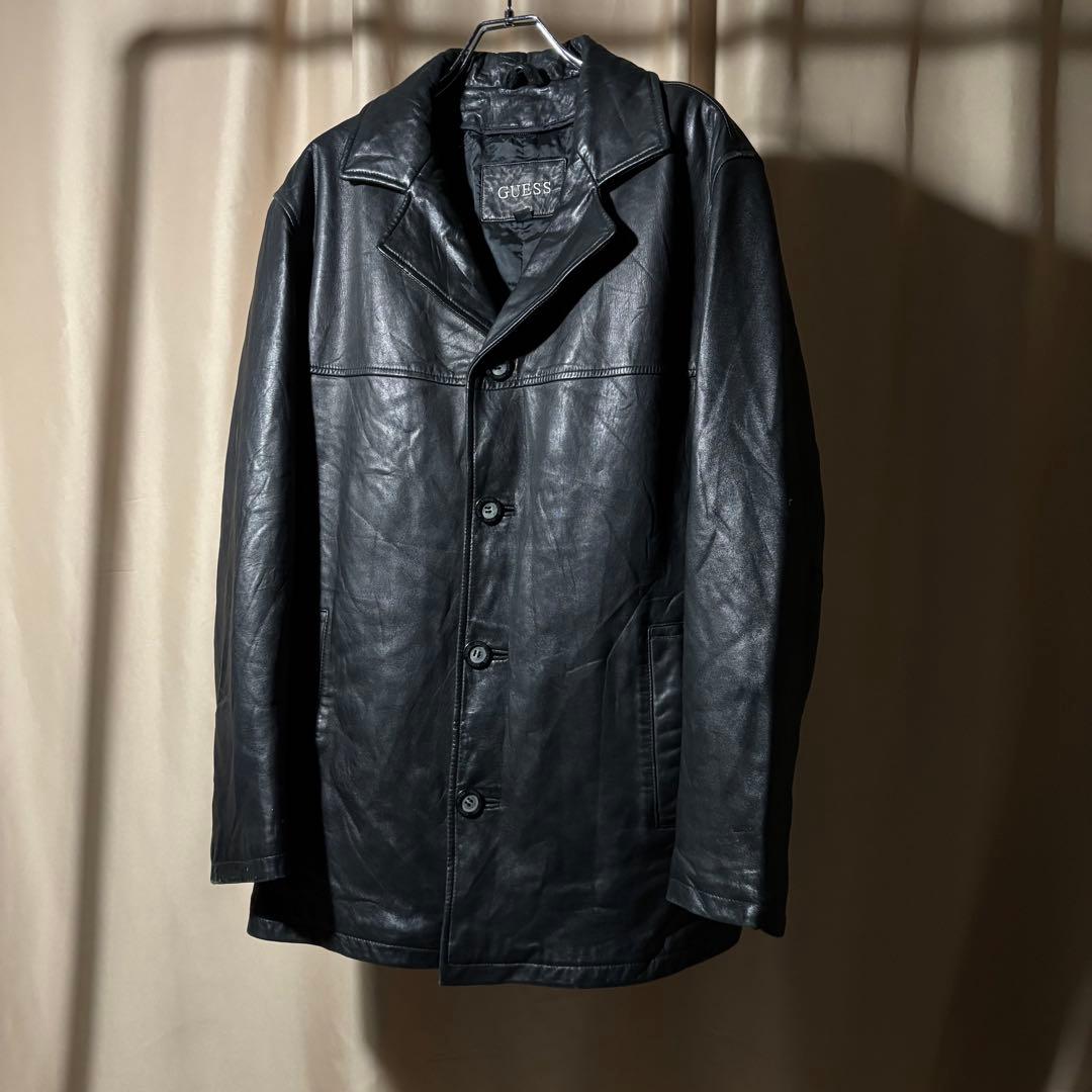 90s - GUESS レザージャケット　革ジャン　レザーカーコート　黒　羊革