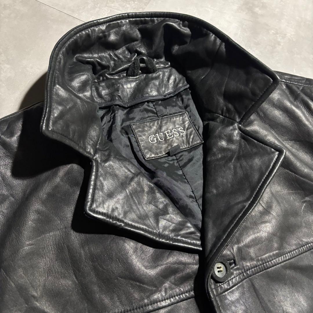 90s - GUESS レザージャケット　革ジャン　レザーカーコート　黒　羊革