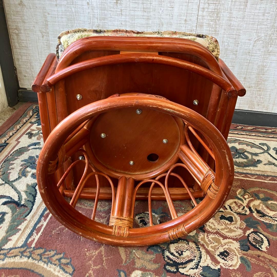 昭和レトロ 花柄ゴブラン織り 回転式ラタンリクライニングチェア アームチェア