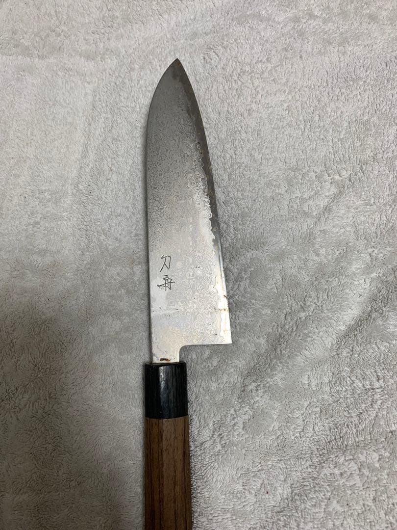 刀舟　和包丁　三徳包丁　ダマスカス風　木柄