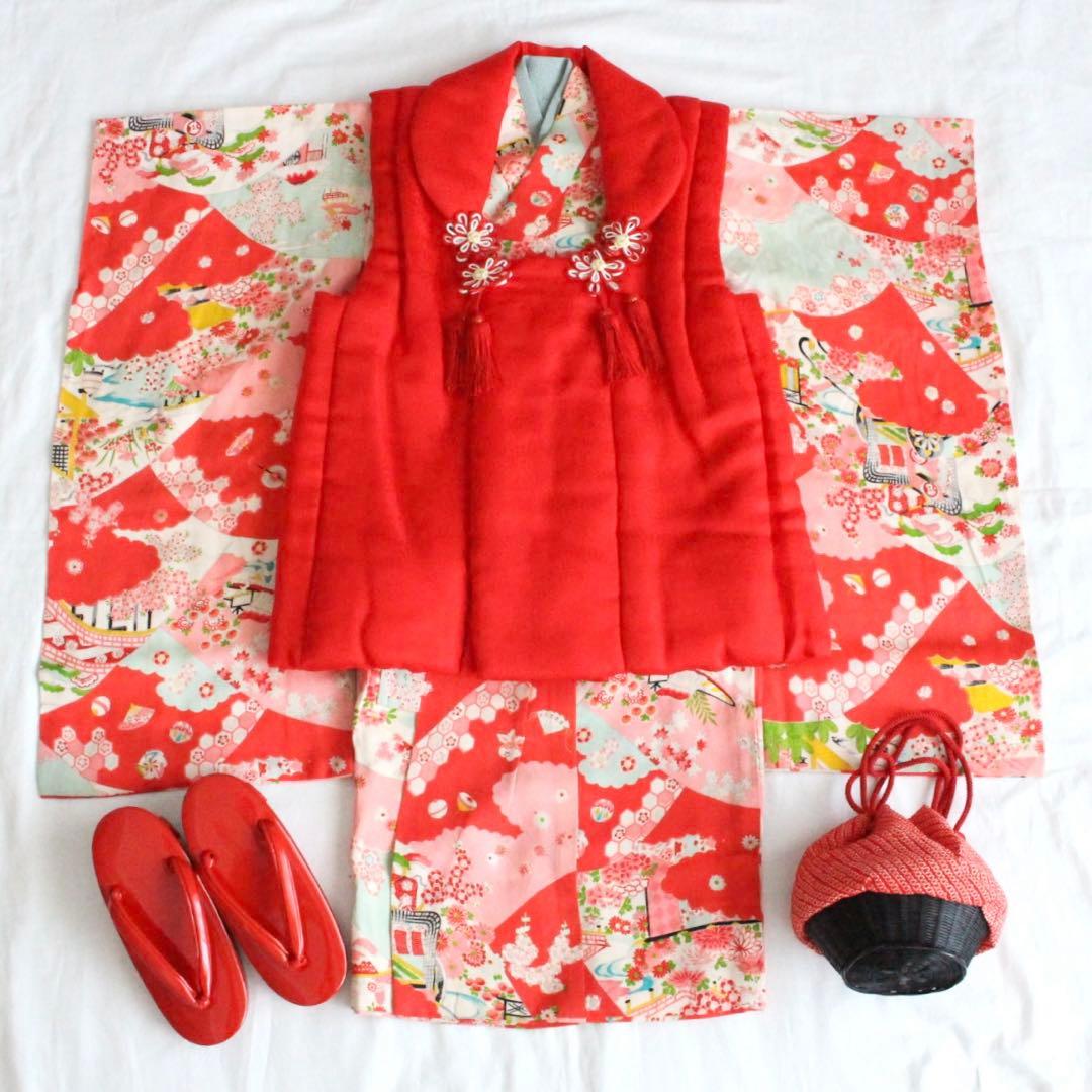 七五三 3歳 女の子 子ども アンティーク 正絹 着物 被布 セット