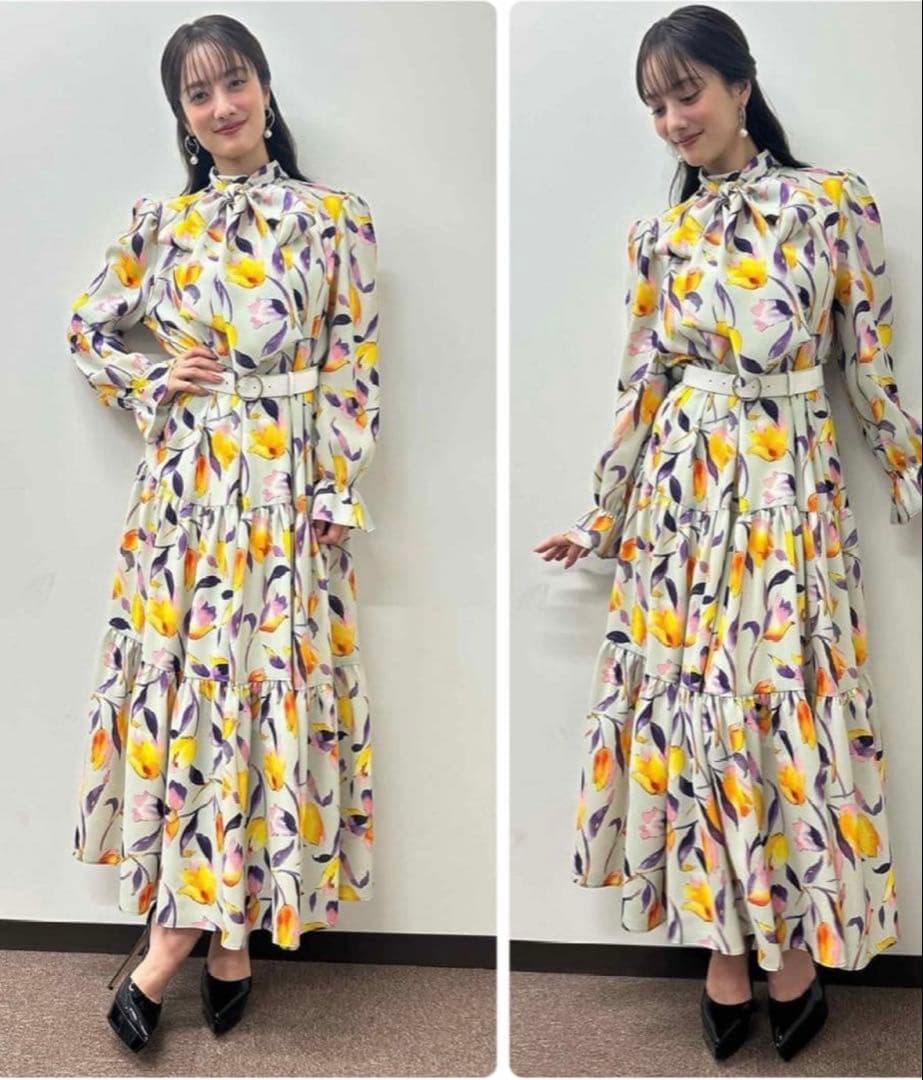 早い者勝ち！SOV！フラワープリント リボン付きロングドレス