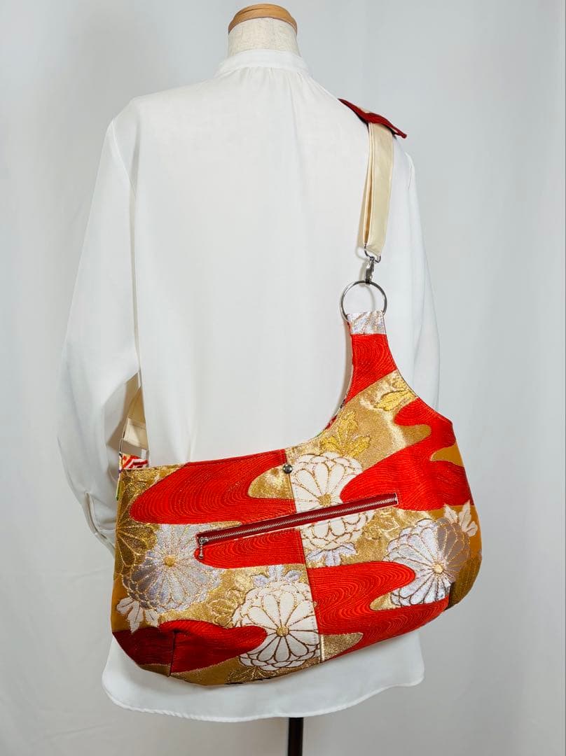 帯バッグリメイク　771番アシンメトリーBIGリバーシブル(肩あて飾り付き)