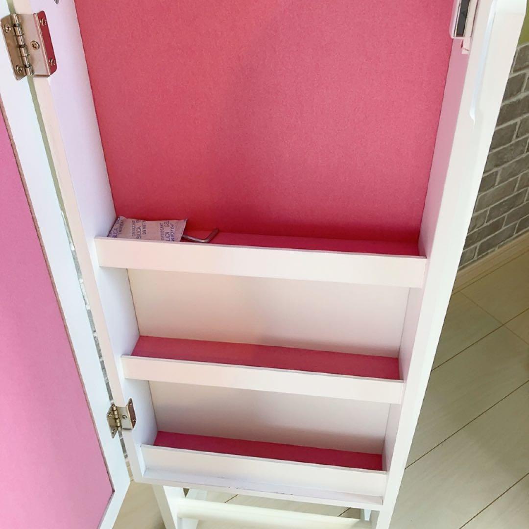 【引取限定】福岡市 アクセサリー収納付きミラー ホワイト×ピンク 姿見153cm