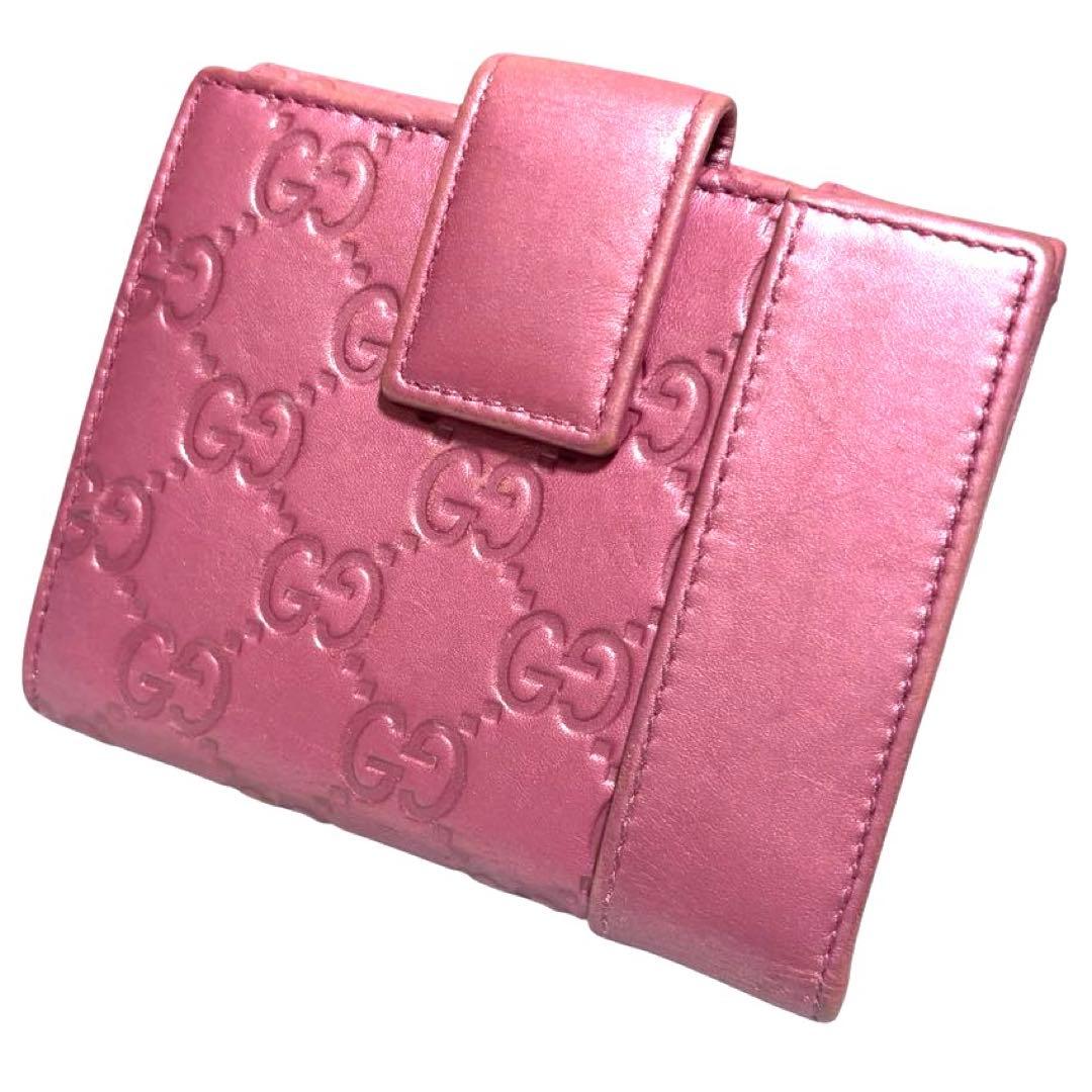 グッチ　折り財布　GGシマ　レザー　メタルピンク　チャーム　ハート　Wホック