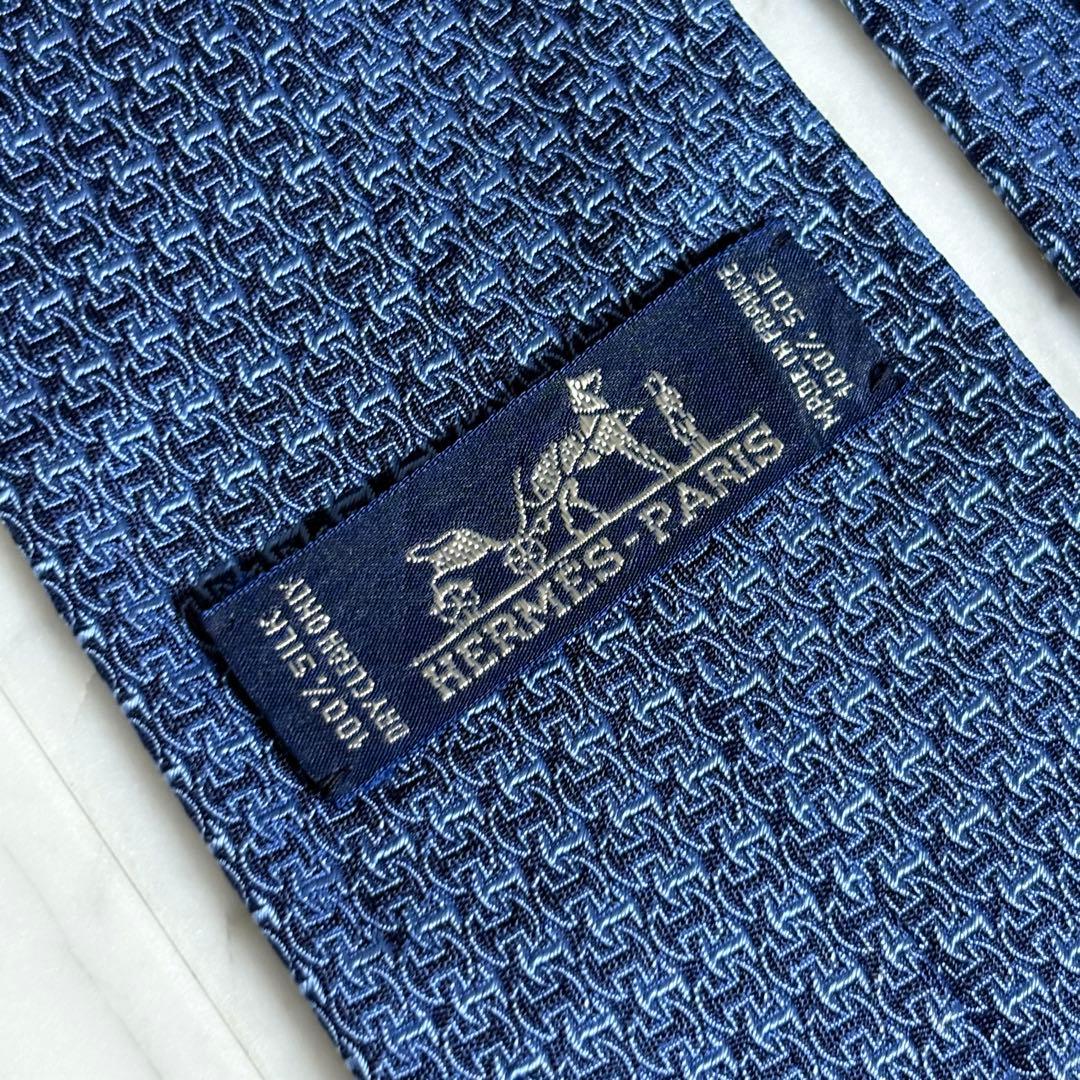 HERMES ネクタイ ブルー ネイビー H柄 パターン柄 ファソネ