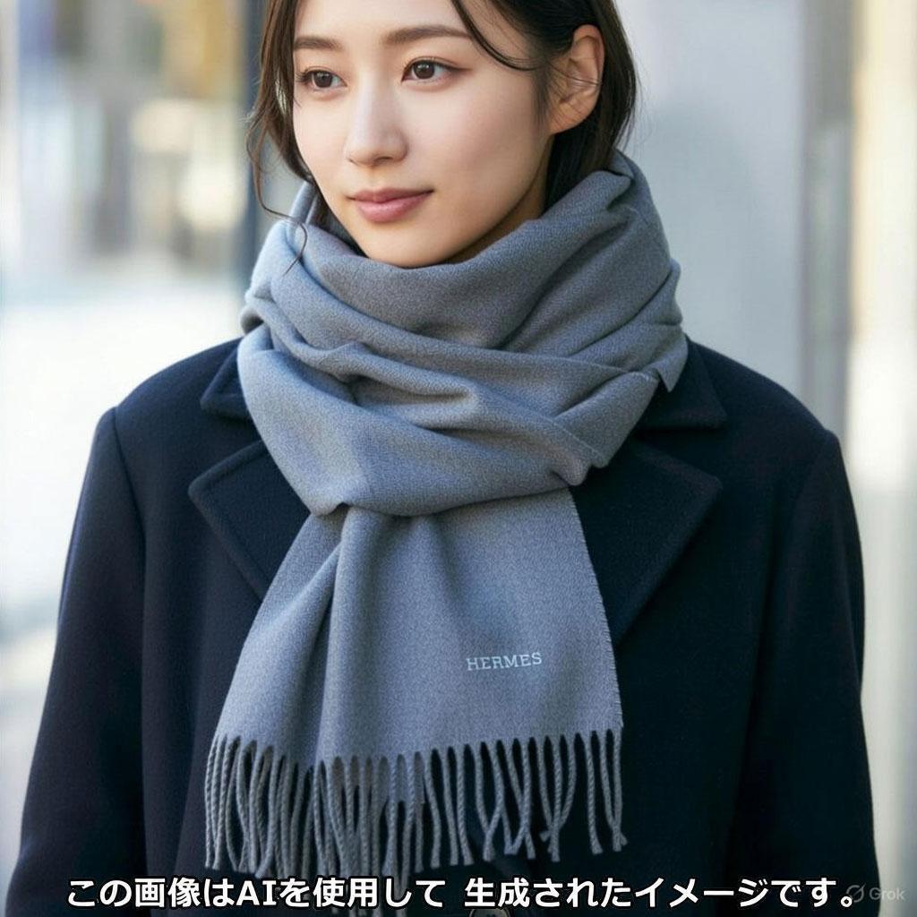 【美品】エルメス マフラー レクトヴェルソ カシミヤ ブルーグレー系 1M4