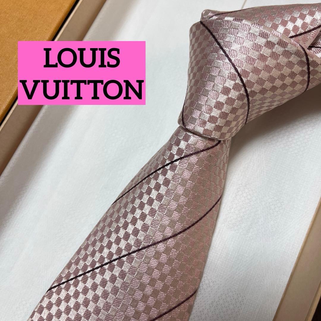 美品　ルイヴィトン　ネクタイ　ピンク　ダミエ　LVロゴ　シルクジャガード　結婚式