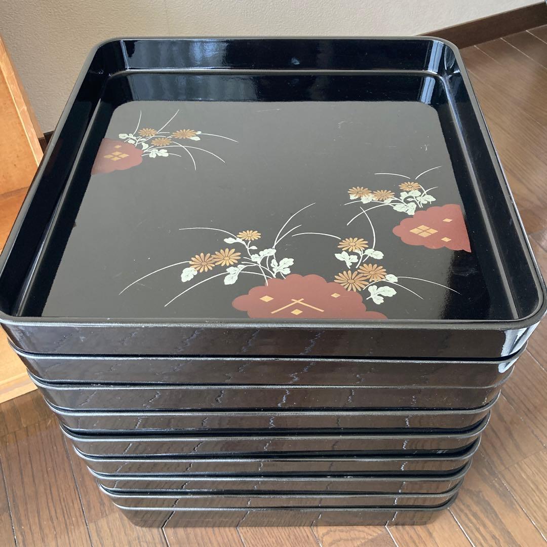 お盆　漆　10枚セット　平安菊　正方形