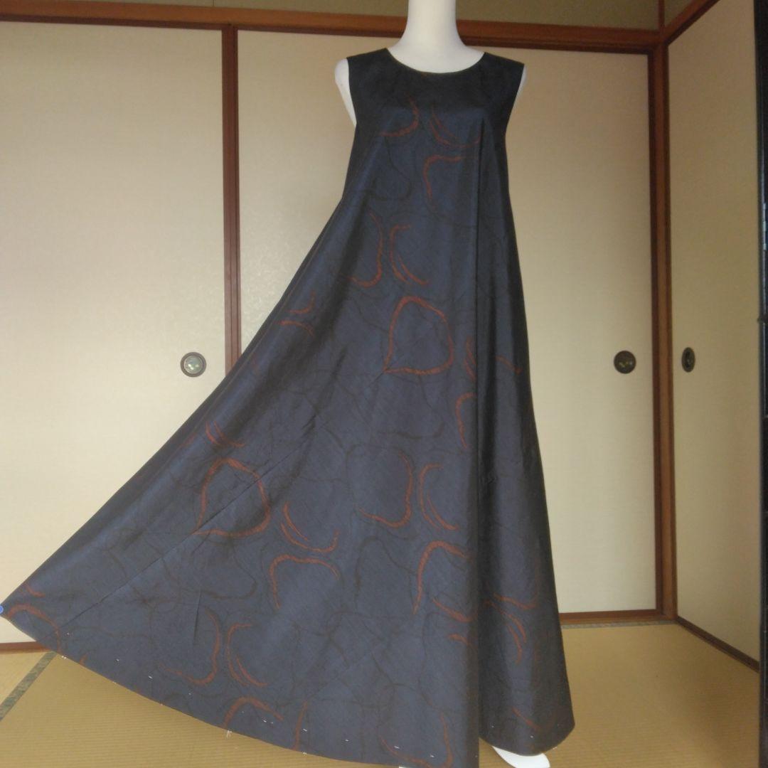 大島紬反物生地からバイアス仕立てロングワンピースM寸