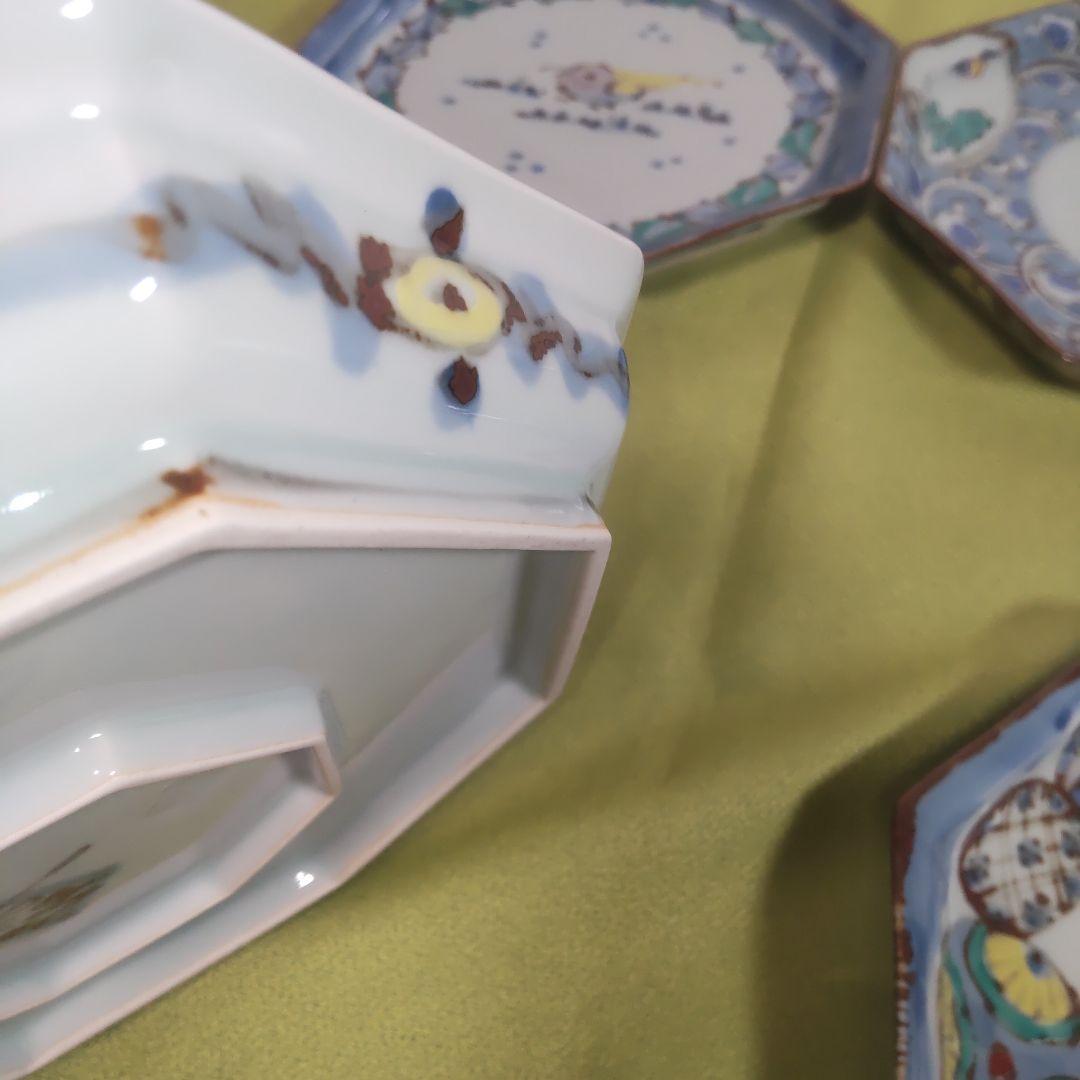 九谷焼 レア 絵変わり 4枚 皿 大皿 八角皿 染付 手描き 花鳥 唐草 色絵