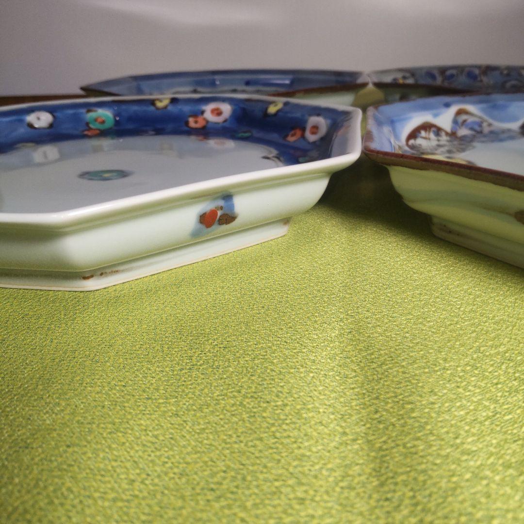 九谷焼 レア 絵変わり 4枚 皿 大皿 八角皿 染付 手描き 花鳥 唐草 色絵