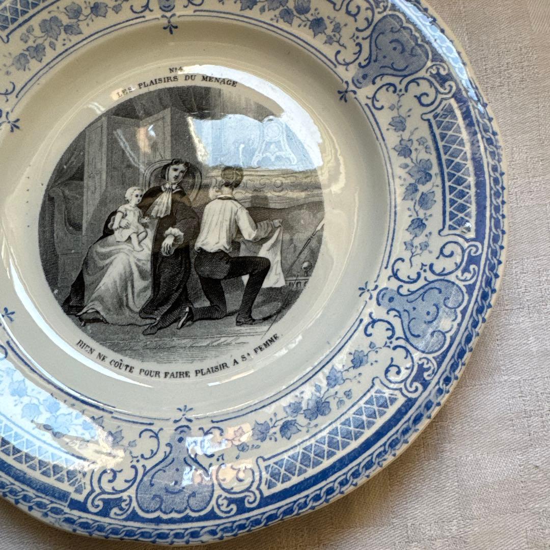 【美品】フランスアンティーク　クレイユエモントロー　グリザイユプレート　平皿