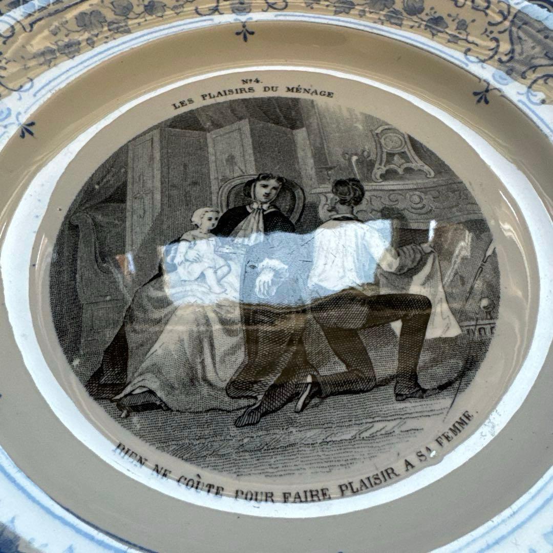 【美品】フランスアンティーク　クレイユエモントロー　グリザイユプレート　平皿