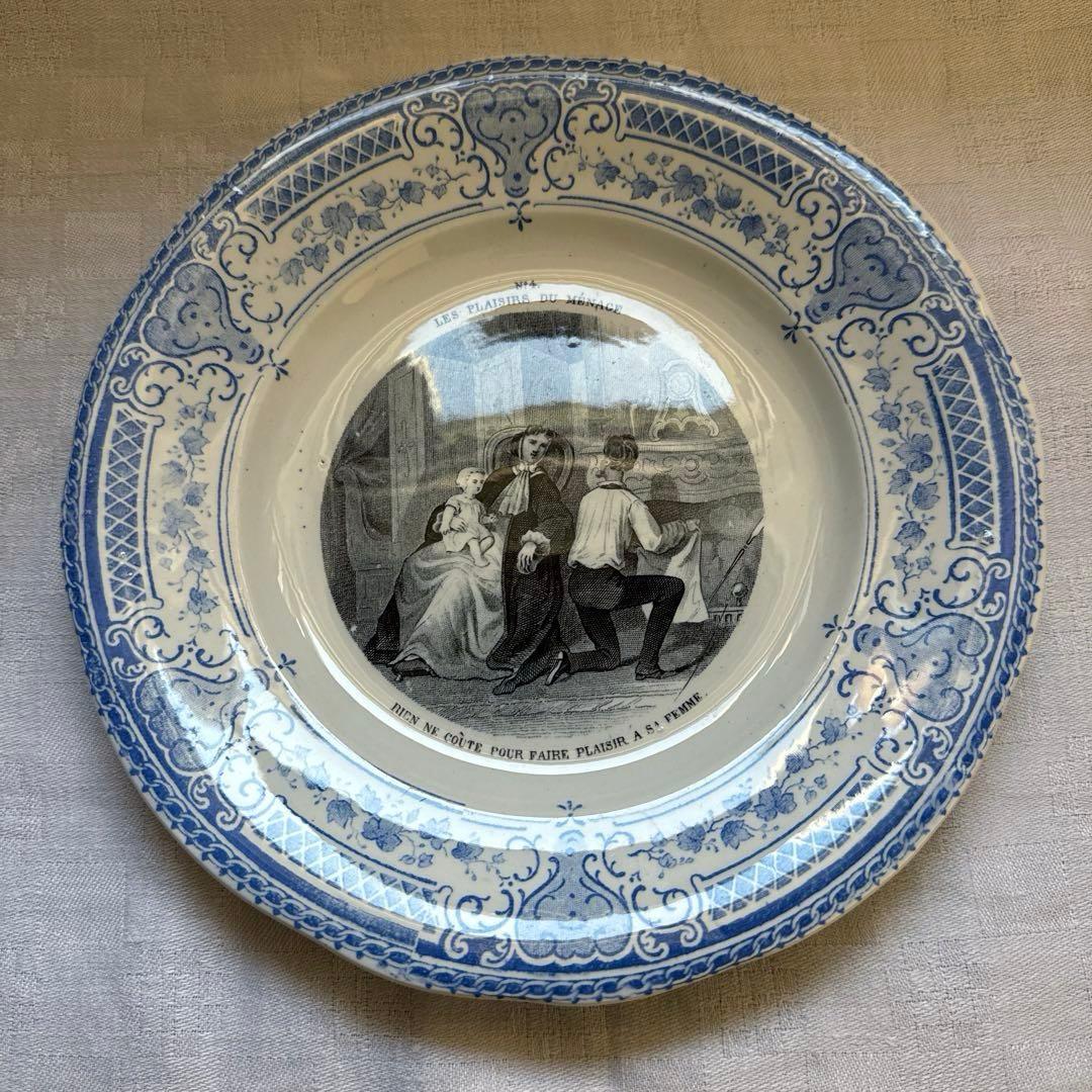 【美品】フランスアンティーク　クレイユエモントロー　グリザイユプレート　平皿