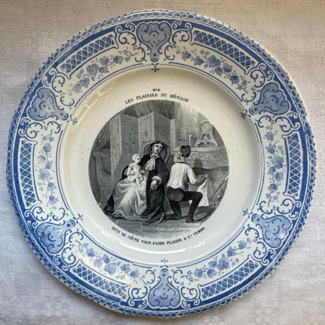 【美品】フランスアンティーク　クレイユエモントロー　グリザイユプレート　平皿