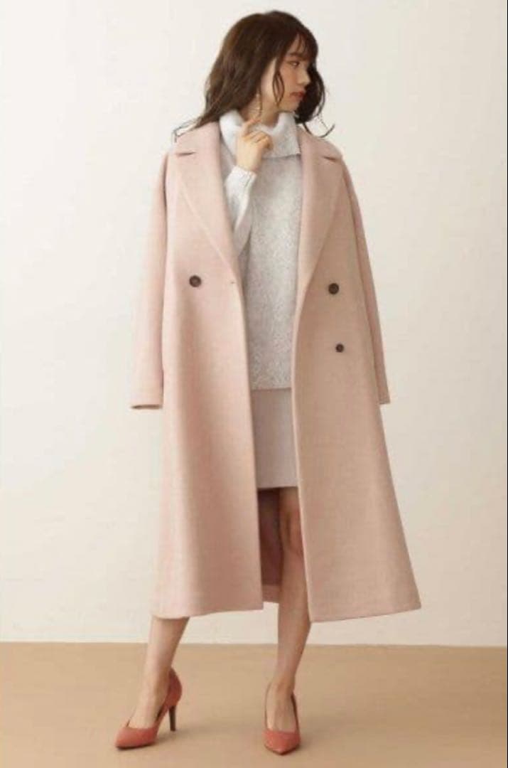 ピンク ダブルブレスト ロングコート