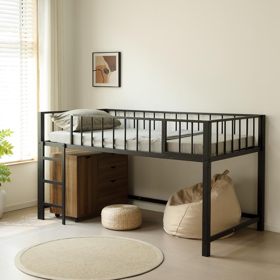 限定価格！新作ロフトベッド　左右入れ替え　省スペース　スチール製　BLACK
