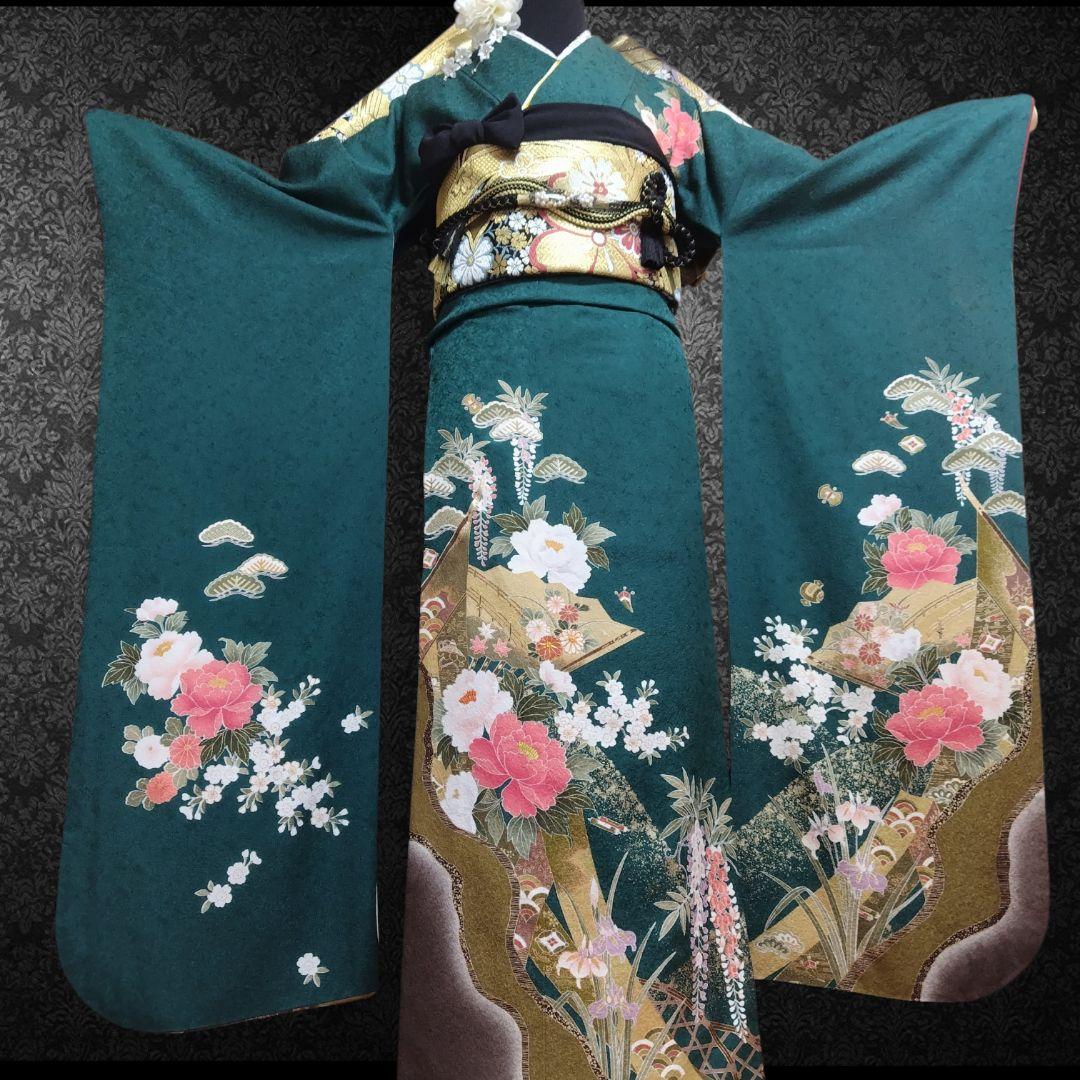 振袖フルセット(7点)・古典柄・金駒刺繍・金彩加工・宝尽くし・正絹