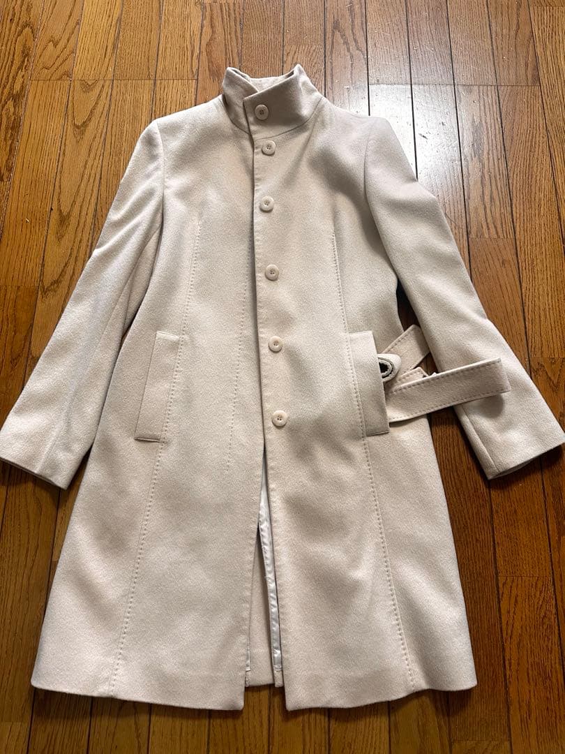 高級 ef-de カシミヤ100％ ベルテッドロングコート ベージュ 9号 M