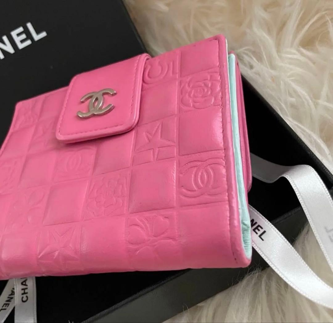 希少 シャネル CHANEL 二つ折り 財布 アイコンライン ピンクグリーン